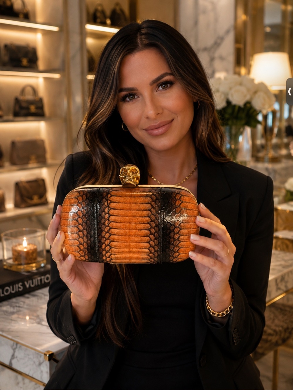 Alexander McQueen Orange and Black Python Skull Clutch
